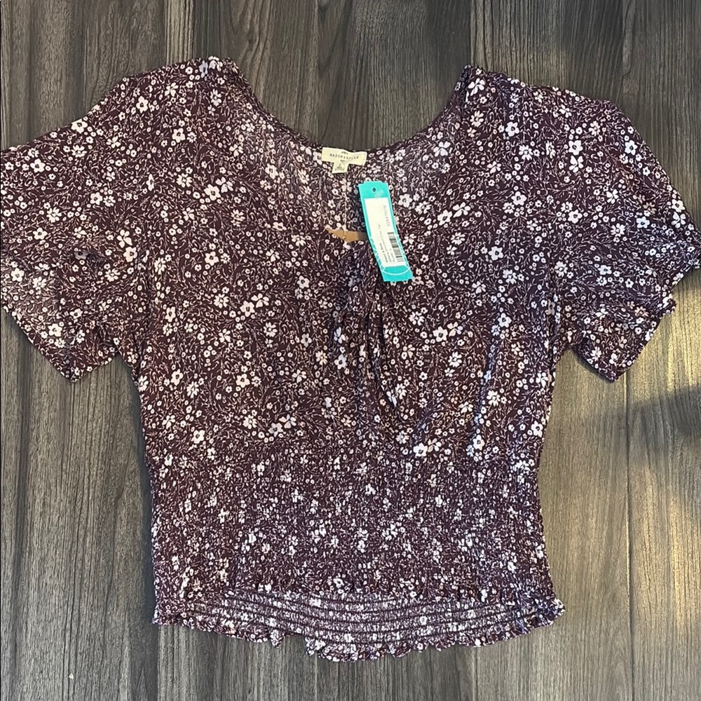 Purple Puff Sleeve Crop Blouse with Tie Front